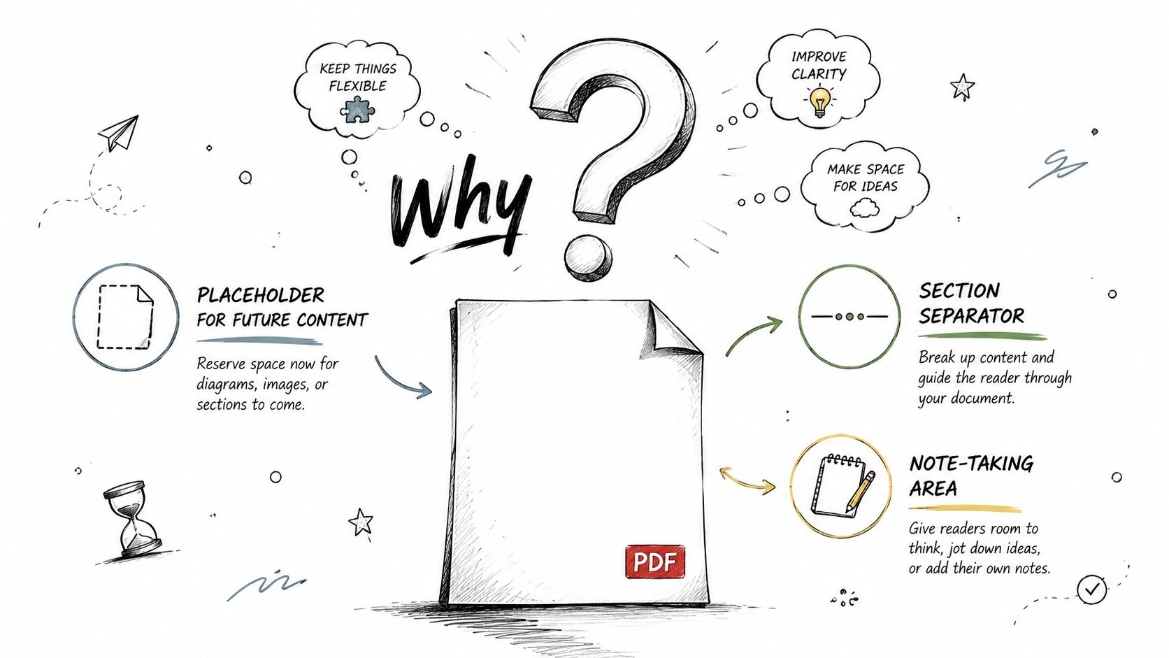An educational sketch explaining why you should add blank pages to a PDF document for organization.