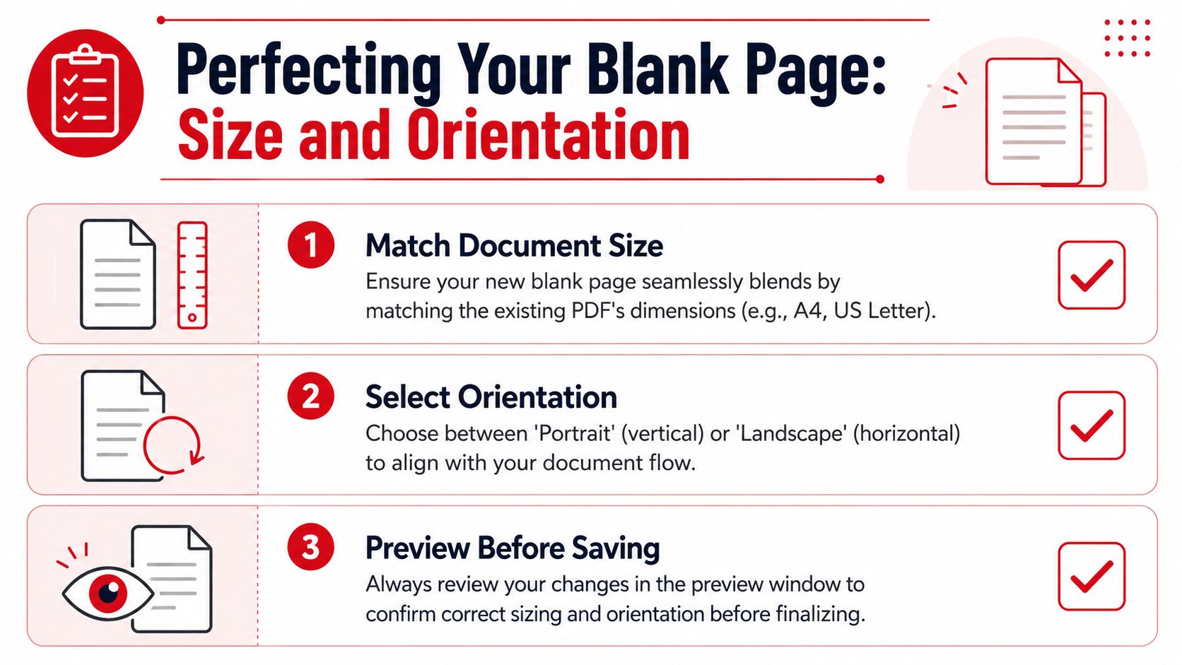 An instructional infographic titled Perfecting Your Blank Page, detailing three steps for adding pages to a PDF.