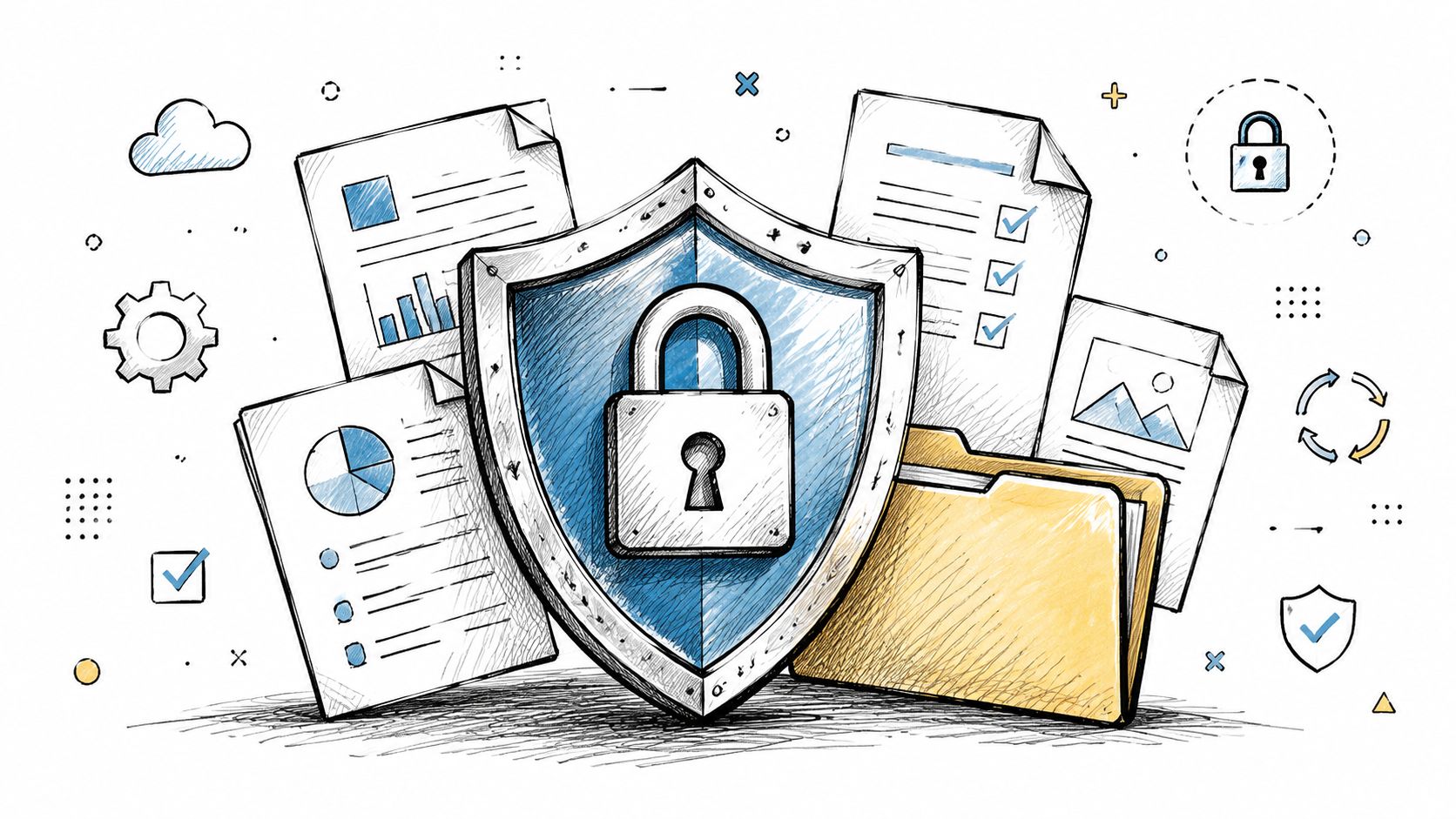 A digital illustration showing a protective shield with a padlock icon surrounded by various document files.