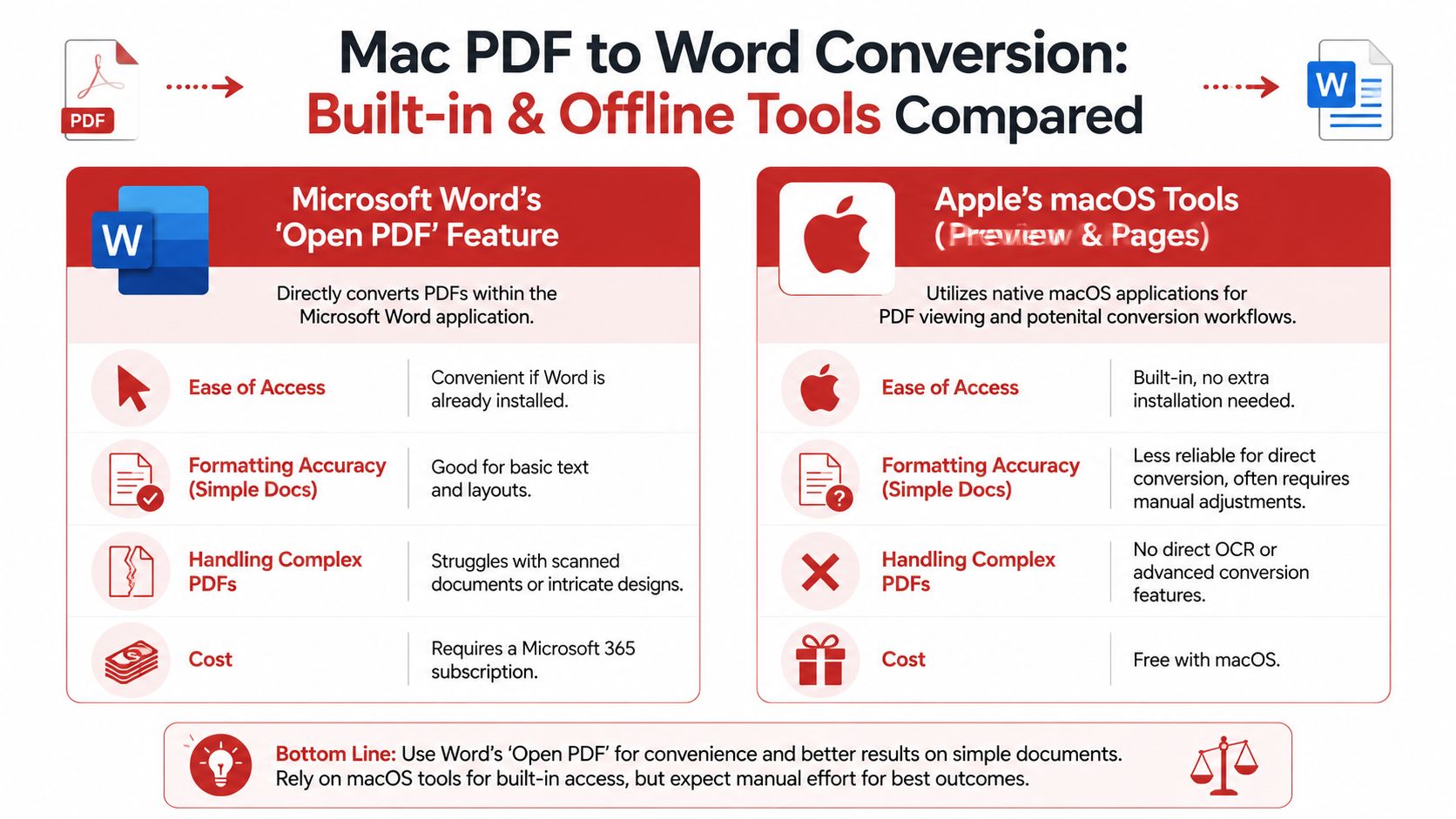 A comparison chart showing features of Microsoft Word and macOS tools for converting PDF documents to Word.