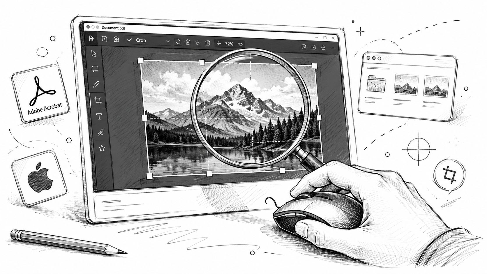 A hand using a computer mouse to edit and crop a mountain landscape image in PDF software.