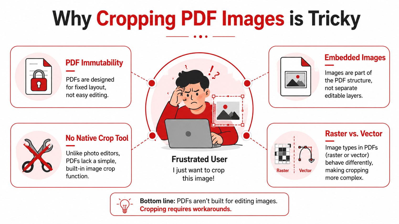 An infographic explaining why cropping images within a PDF file is difficult for a frustrated user.