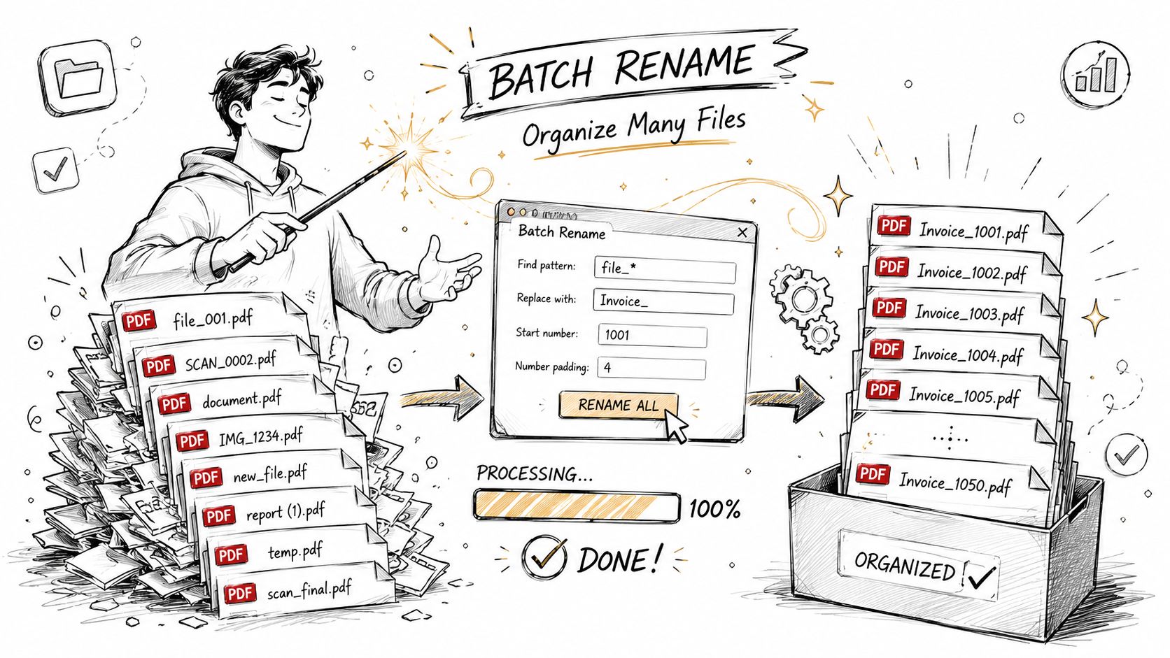 A digital illustration showing a person using magic to transform disorganized PDF files into neatly organized documents.