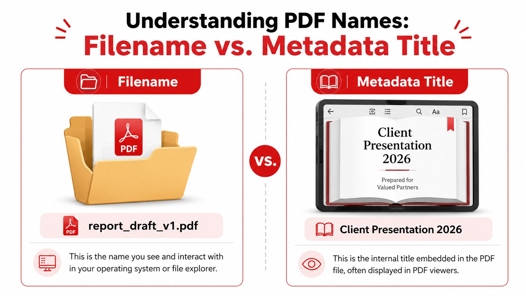 A diagram contrasting a file system name with the internal metadata title of a PDF document.