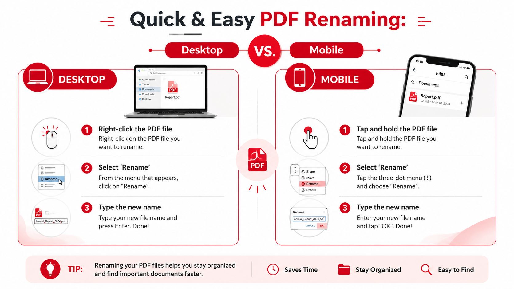 An infographic comparing the steps to rename a PDF file on desktop and mobile devices.
