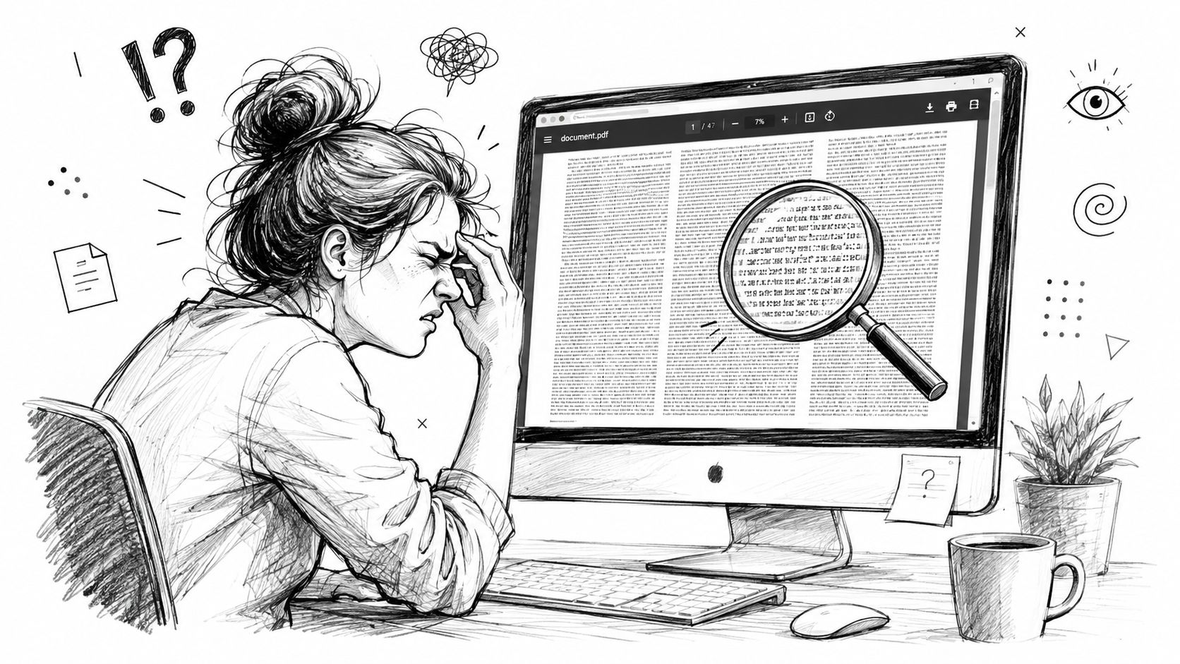 A frustrated woman working at a computer, struggling to read small text on a PDF document.