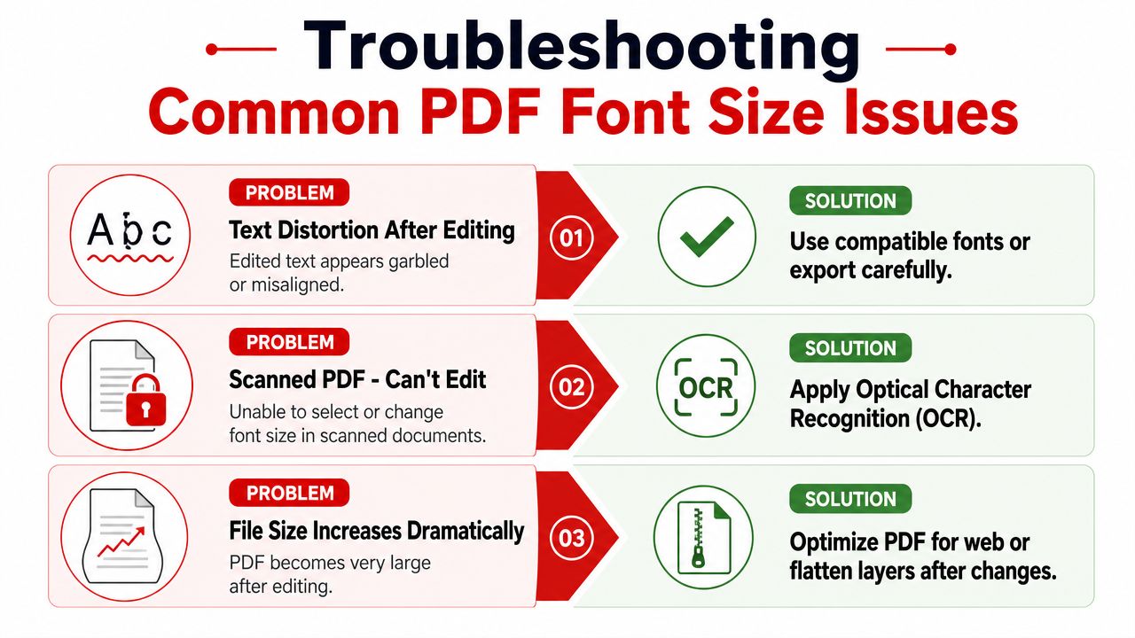 An infographic illustrating three common PDF font editing problems and their corresponding solutions for users.