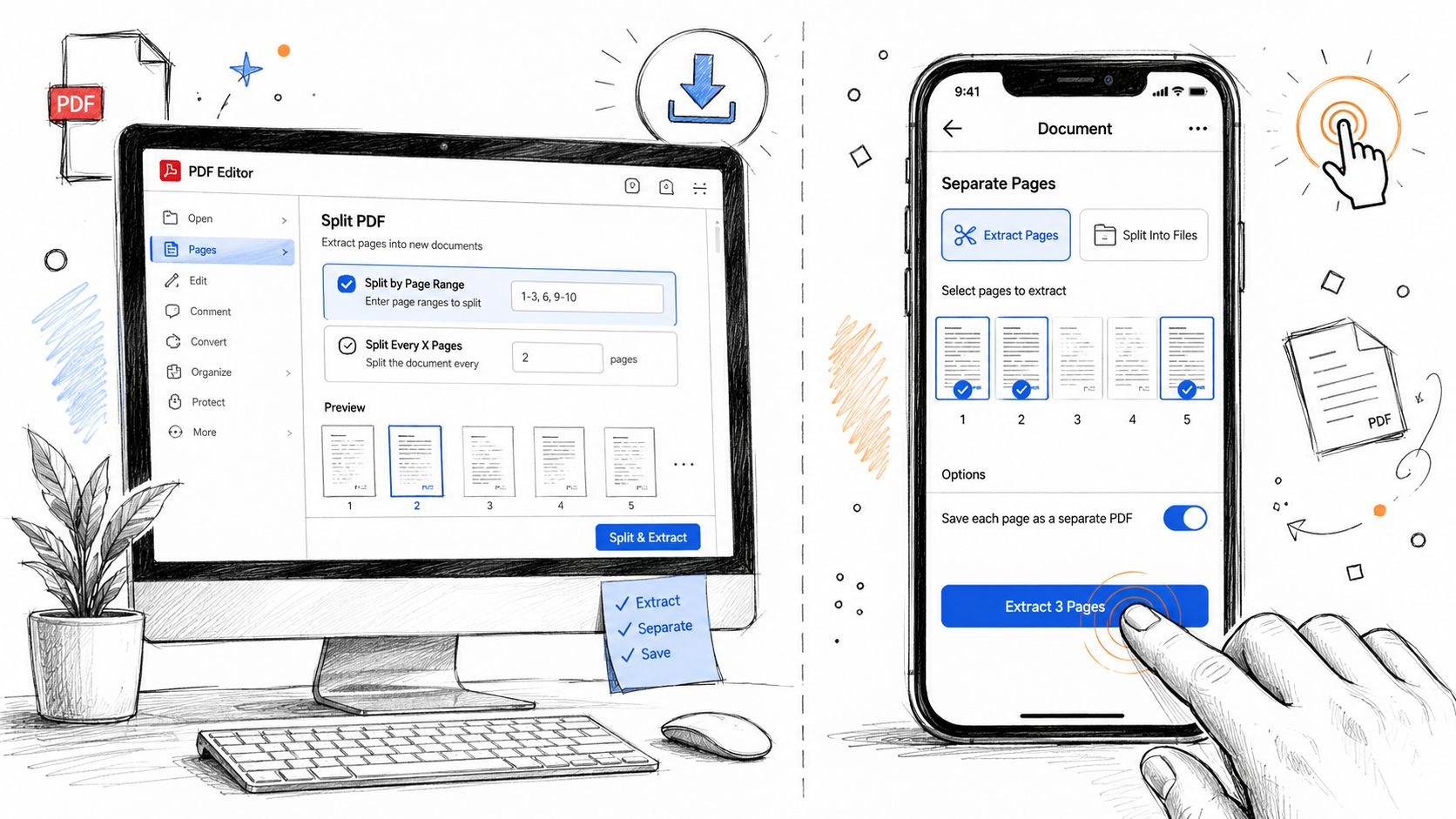A split-screen illustration showing how to extract pages from a PDF on desktop and mobile devices.