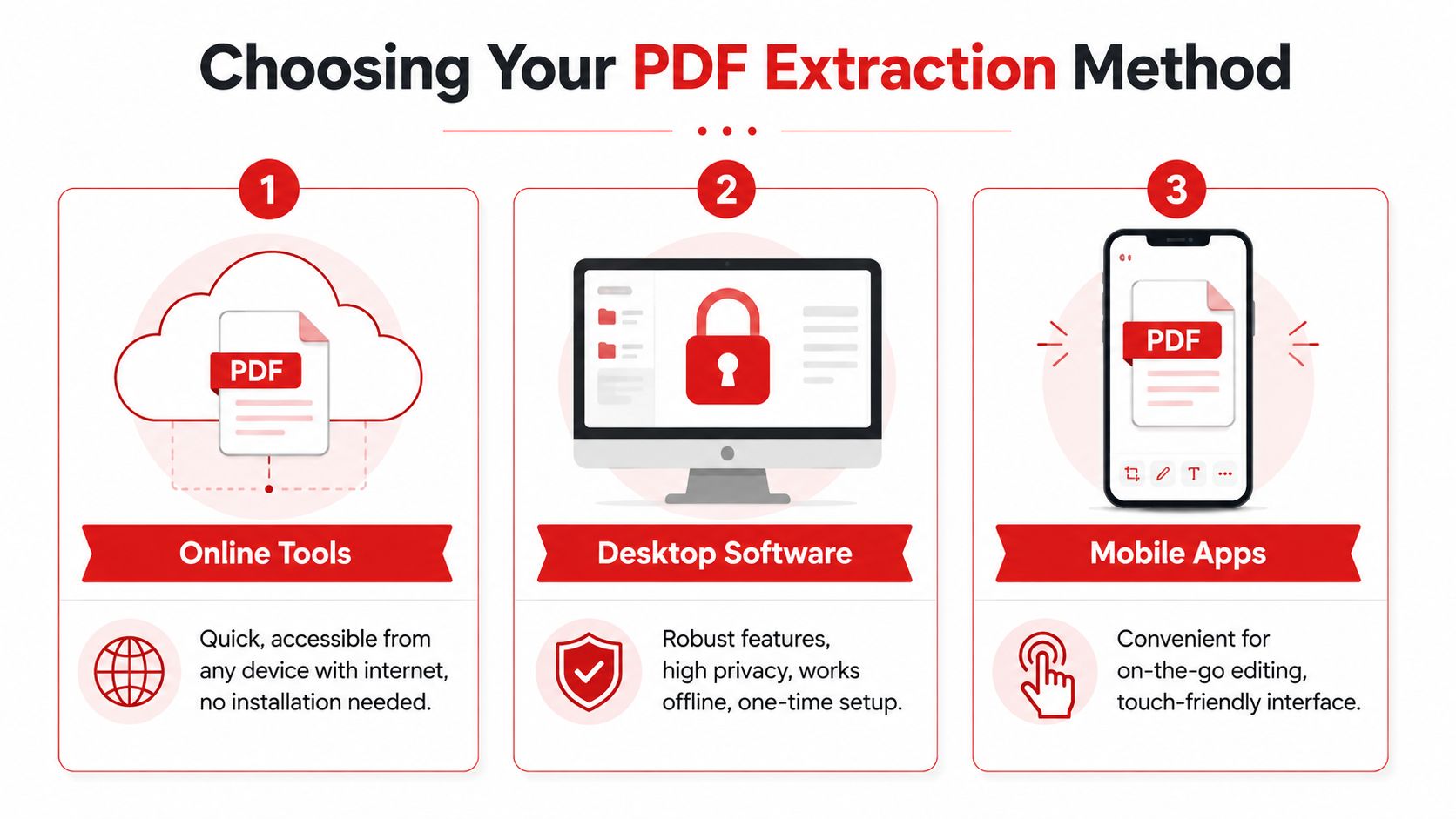 An infographic illustrating three methods for PDF extraction: online tools, desktop software, and mobile apps.