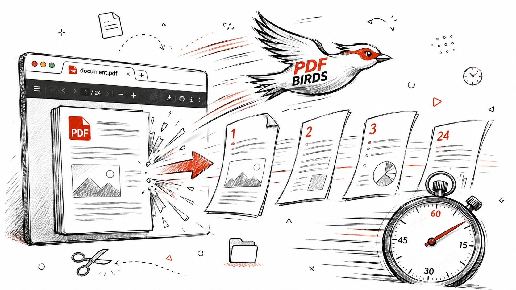 An illustration showing a PDF document being split into individual pages by a bird-themed speed tool.