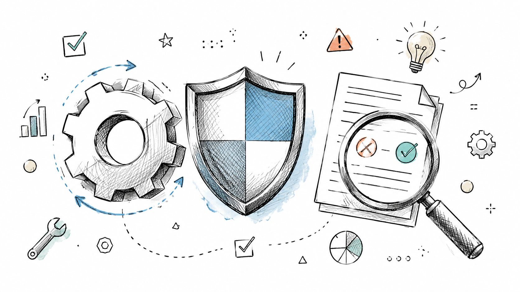 A hand-drawn illustration showing a gear, a shield, and a magnifying glass over documents, symbolizing security analysis.