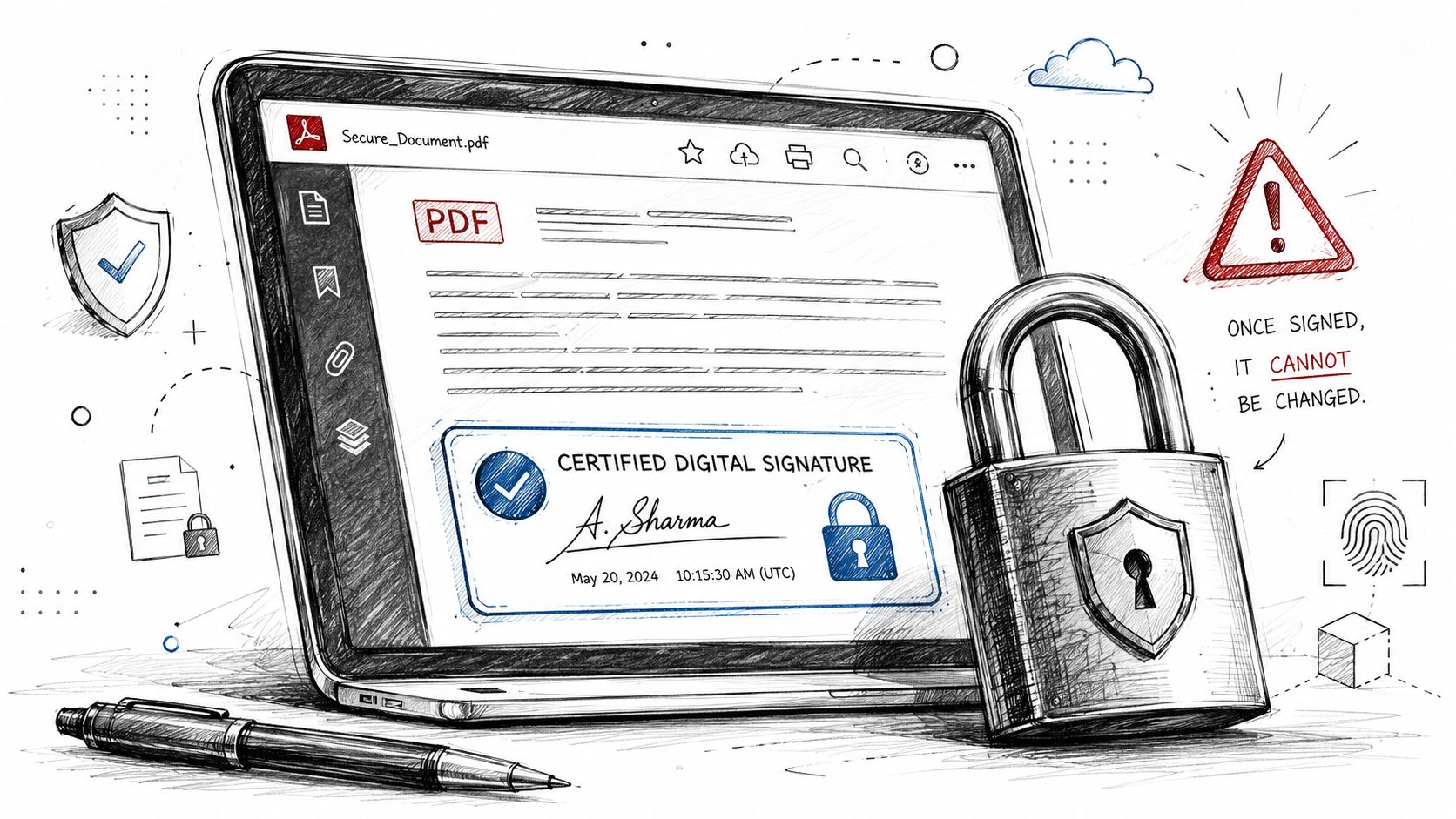 A sketched illustration of a laptop displaying a signed PDF document protected by a large digital padlock.