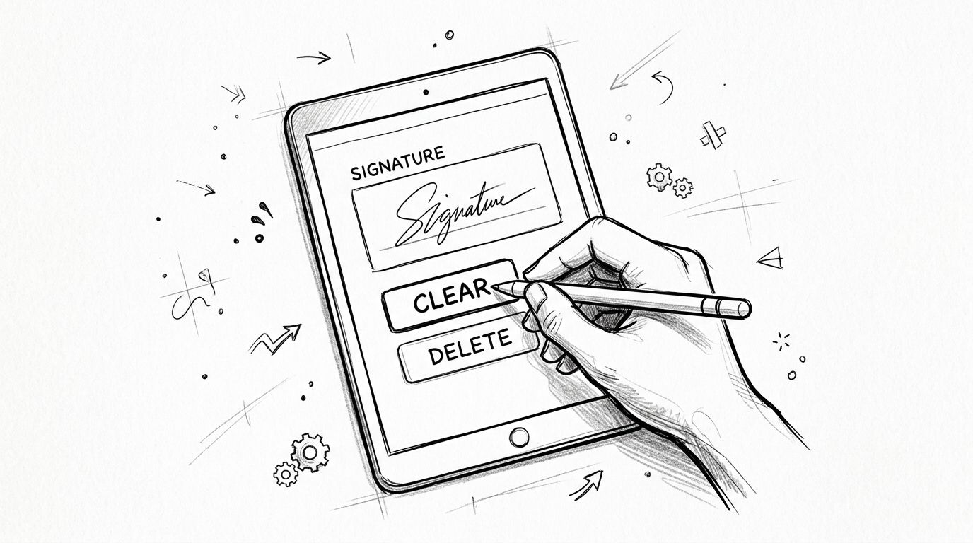 A hand using a stylus to select the clear option on a tablet digital signature interface.