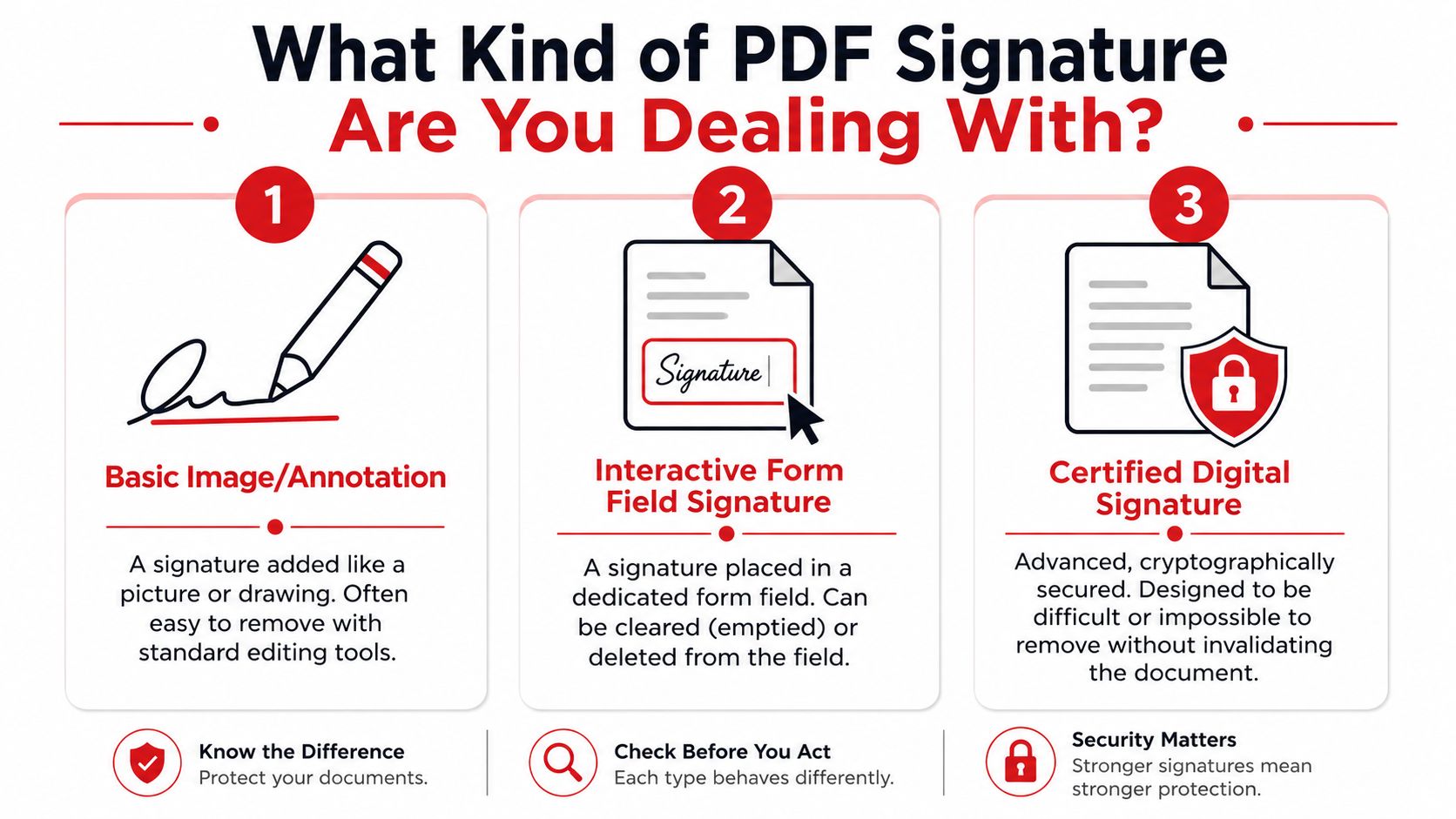An infographic showing the three different types of PDF signatures: basic image, interactive form, and digital.