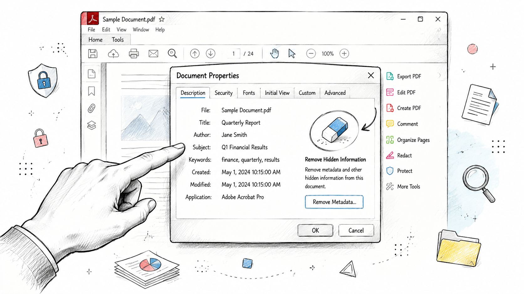 A hand points to the document properties window of a PDF editor, highlighting metadata and removal tools.