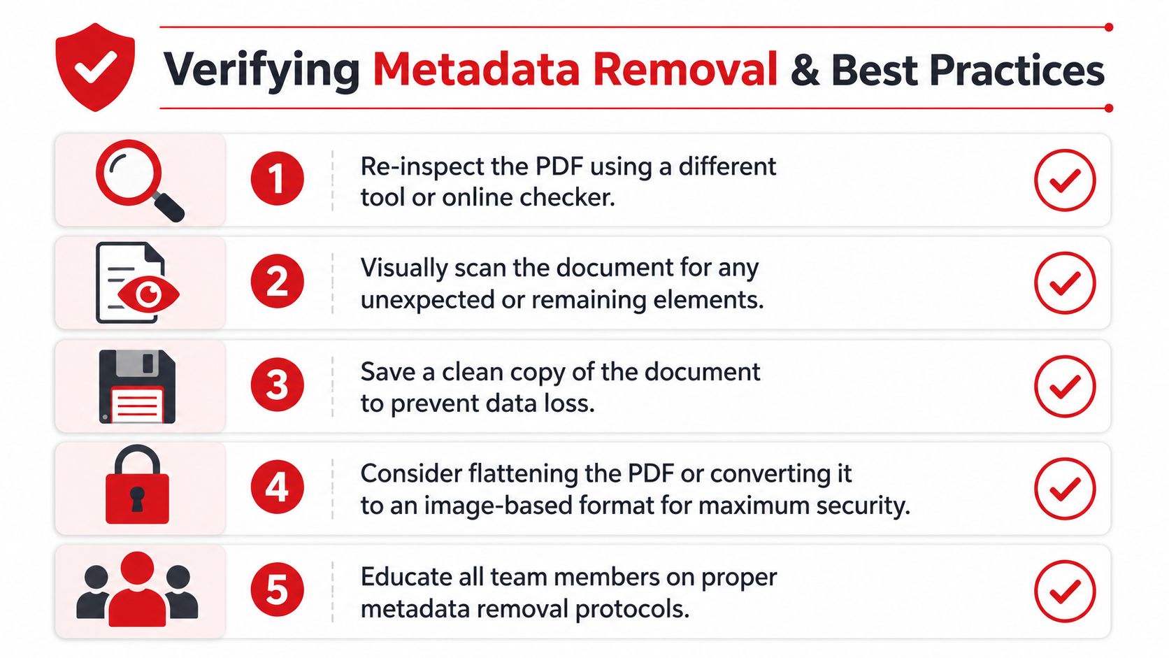 An infographic detailing five best practices for verifying that metadata has been removed from a PDF document.