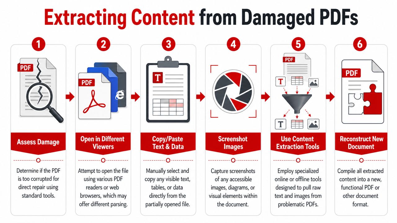 A six-step infographic illustrating the process of extracting content from corrupted or damaged PDF files.