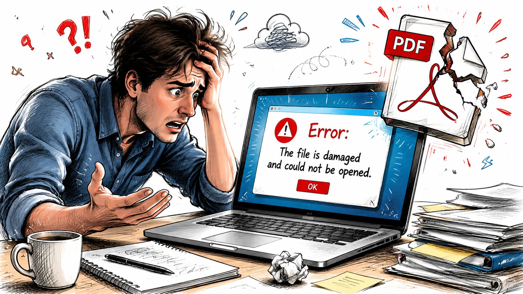 A frustrated man looking at a laptop screen displaying a file is damaged error for a PDF.