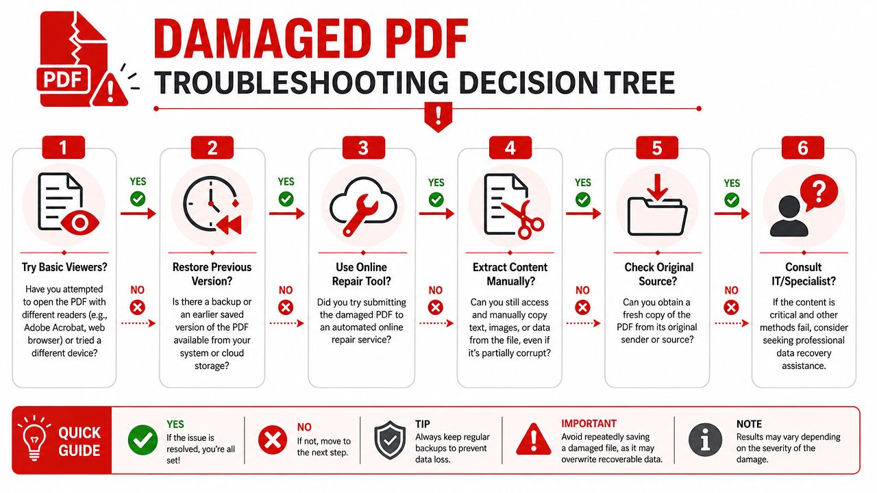 A troubleshooting flowchart guiding users through six logical steps to repair a damaged PDF document.