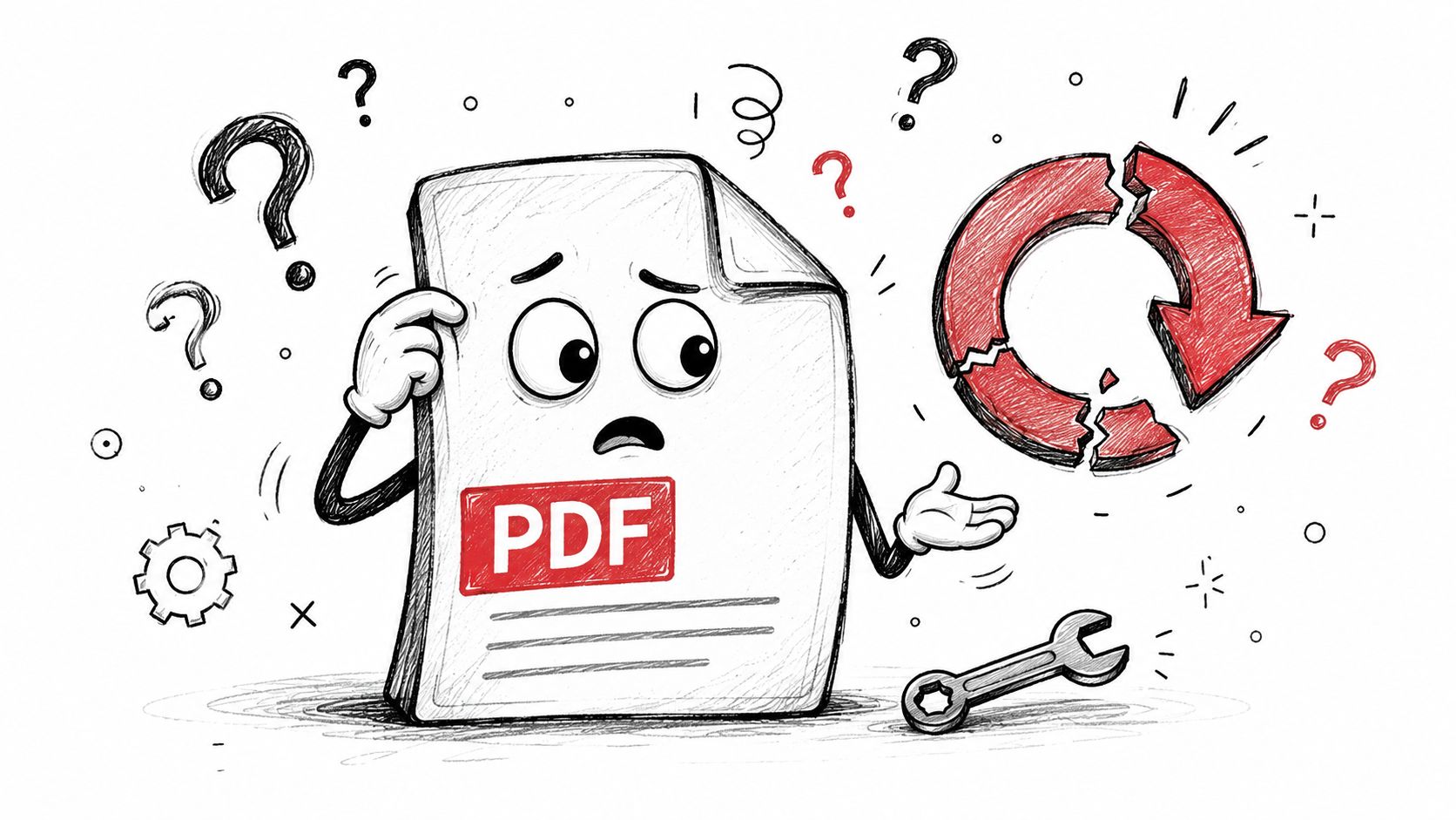 A confused document character looking at a broken red rotation arrow icon with a wrench nearby.