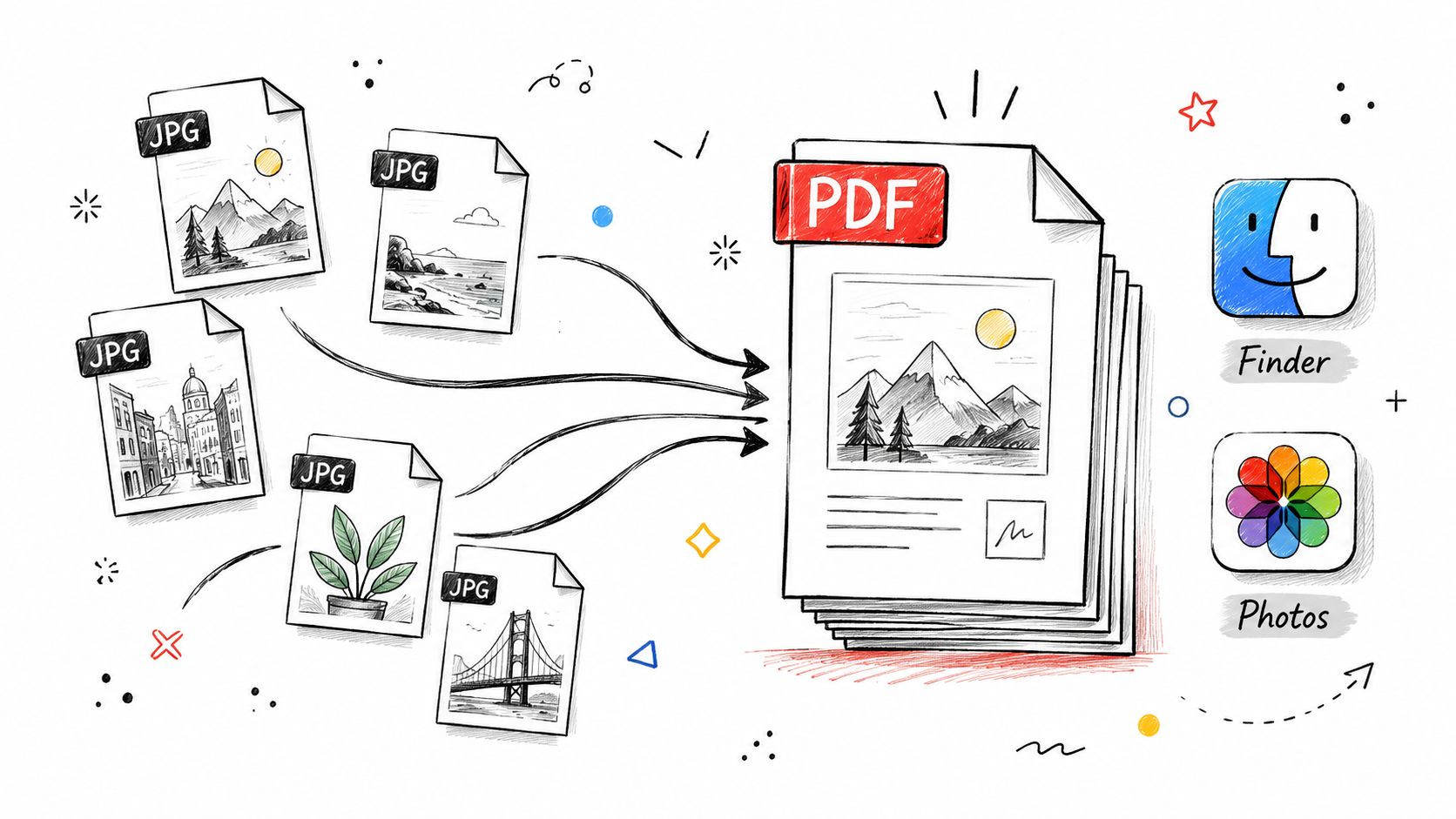 A conceptual illustration showing multiple JPG image files being converted and merged into a single PDF document.