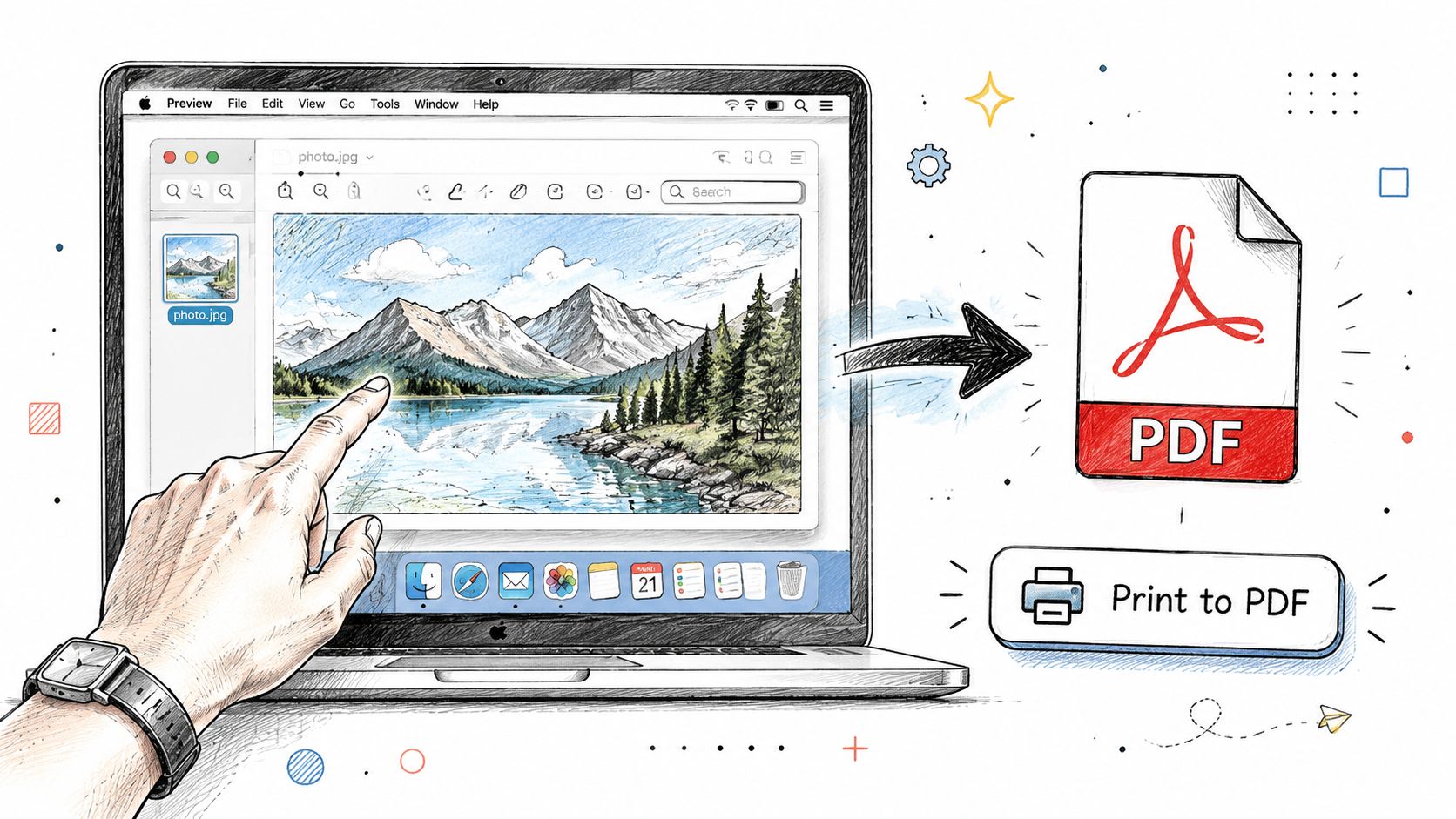 A hand using a laptop to convert a landscape photo image file into a PDF document format.