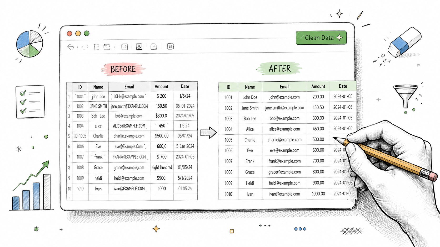A hand editing a spreadsheet, illustrating the process of cleaning and standardizing messy data into a clean table.