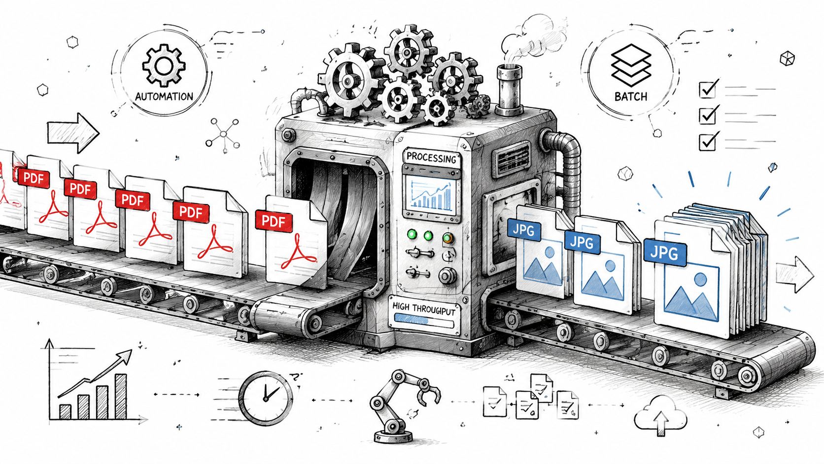 A hand-drawn illustration of an automated factory conveyor belt converting PDF files into JPG image files.