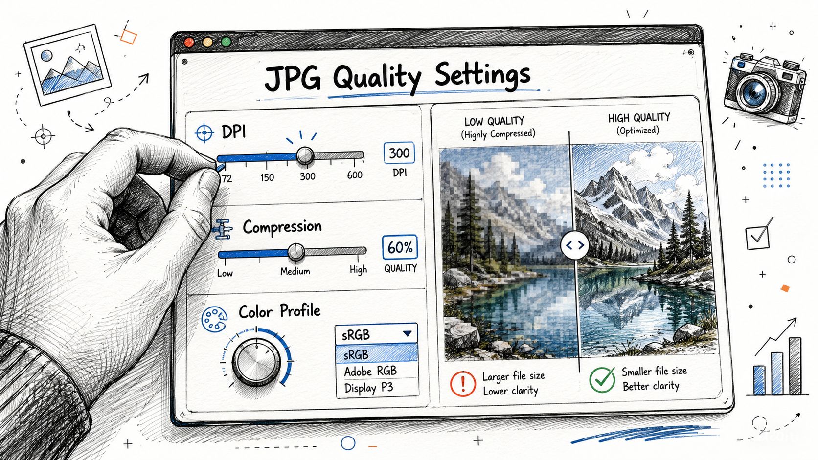 A hand adjusts settings on a digital interface showing how to modify JPG image quality and compression.