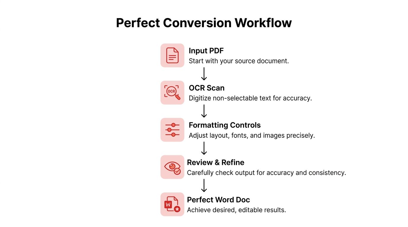 A diagram outlining a five-step professional workflow for converting PDF documents into editable Word files efficiently.
