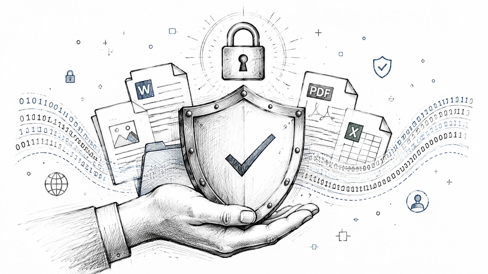 A sketched hand holding a shield protecting various digital file icons and data streams.
