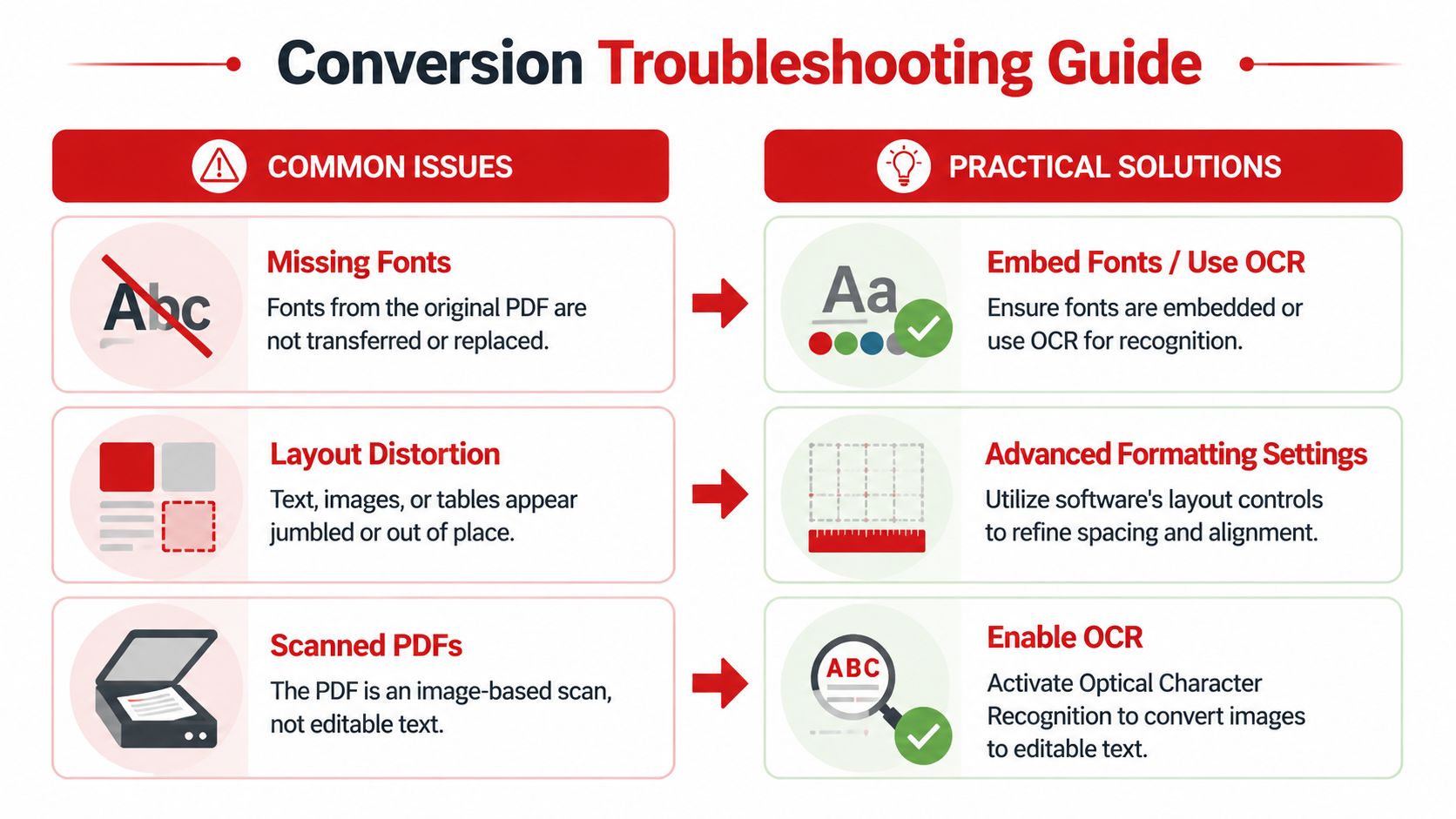 A troubleshooting guide for PDF conversion issues highlighting common problems like missing fonts and layout distortion.