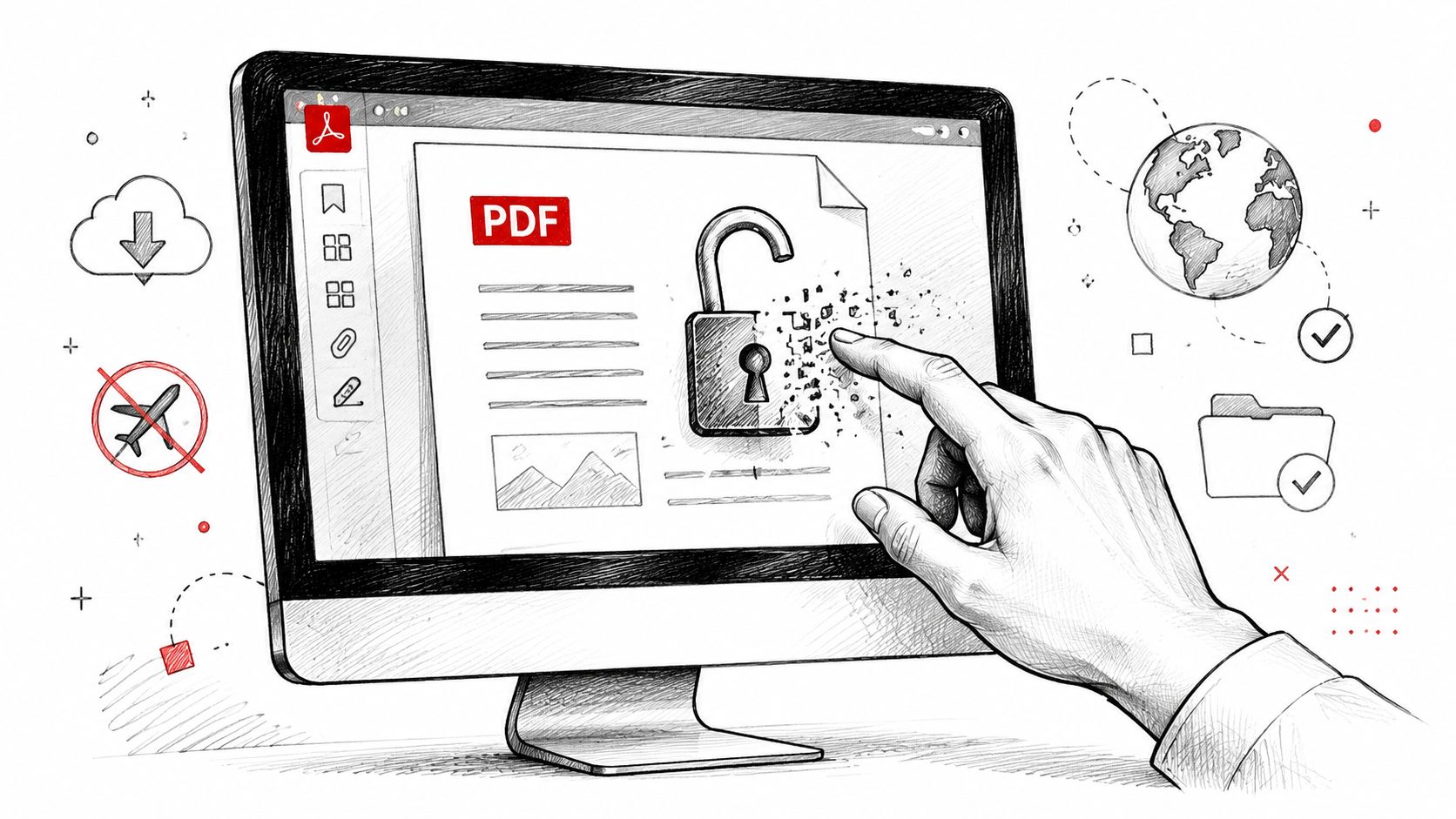A hand touching a computer screen to unlock a digital PDF document with an interactive open padlock icon.