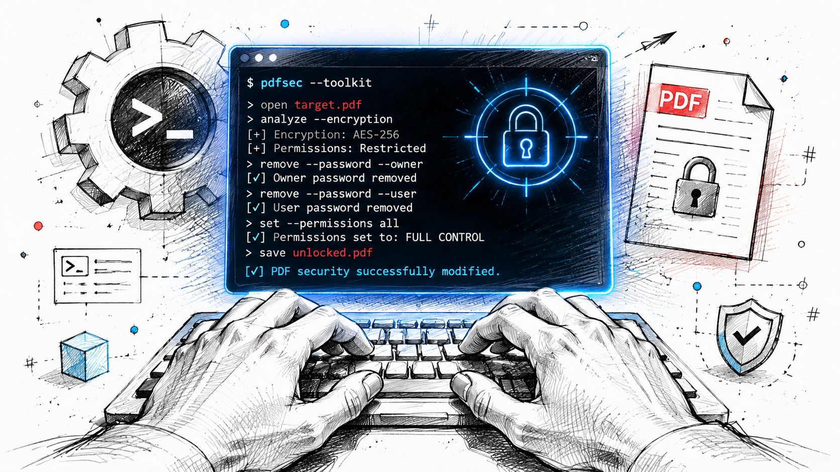 A person using a terminal command tool to remove passwords and security restrictions from a PDF file.