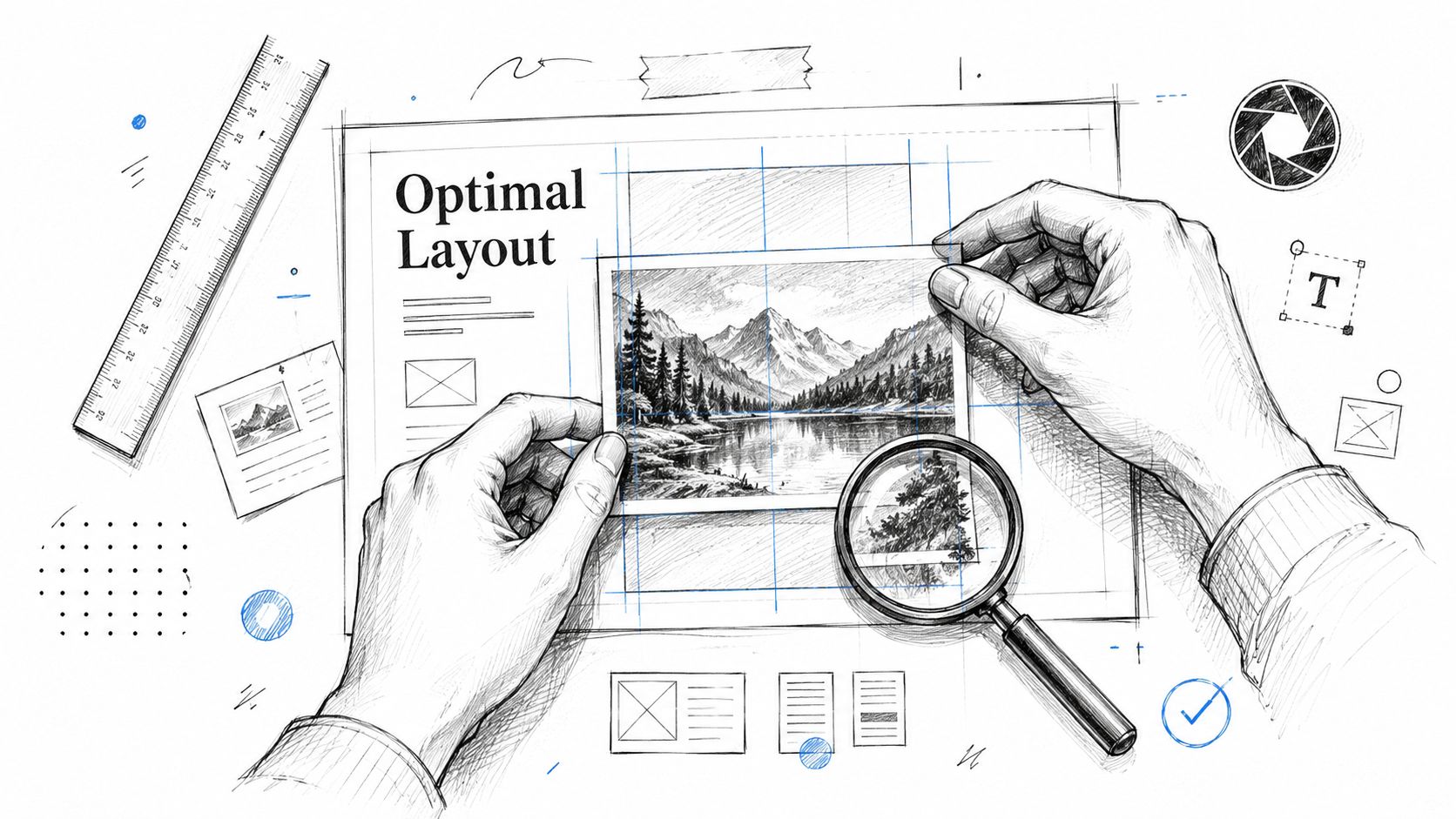 A detailed hand-drawn sketch of hands adjusting a landscape photo on a design layout page with tools.
