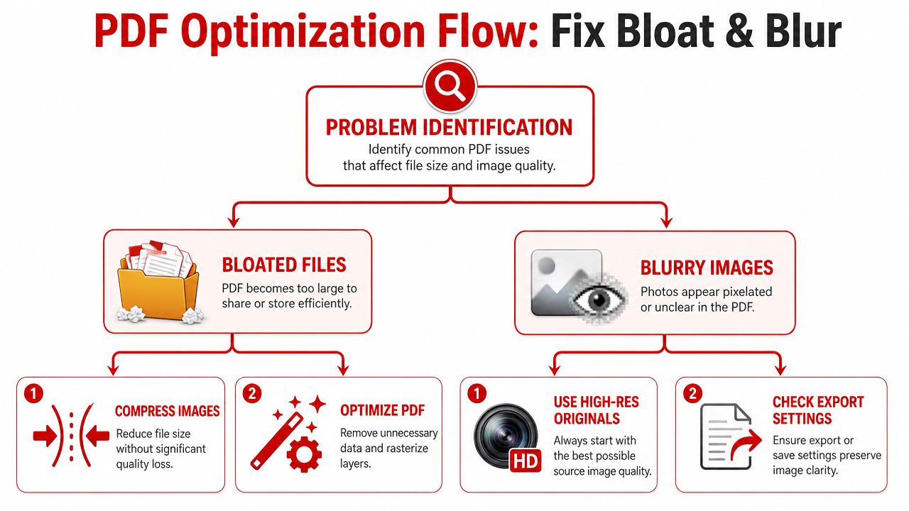 A flowchart explaining how to fix PDF file bloat and blurry images through optimization and proper settings.