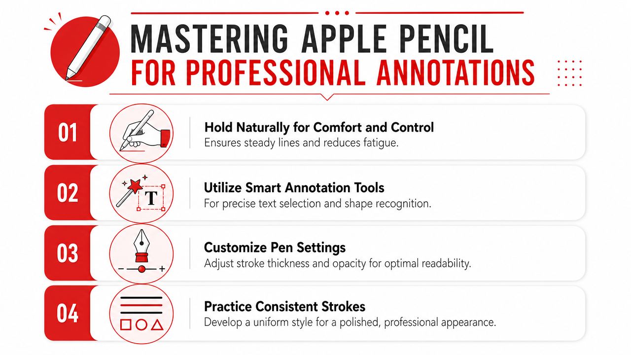 A professional infographic titled Mastering Apple Pencil for Professional Annotations with four tips for better iPad usage.