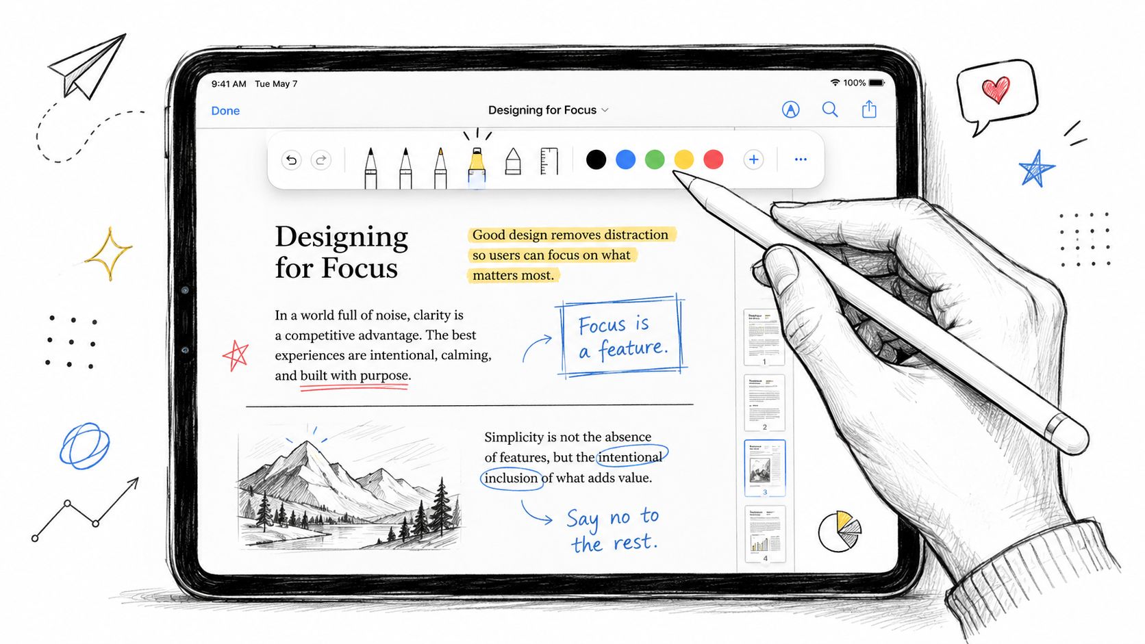 A hand using an Apple Pencil to annotate a PDF document on an iPad tablet screen.