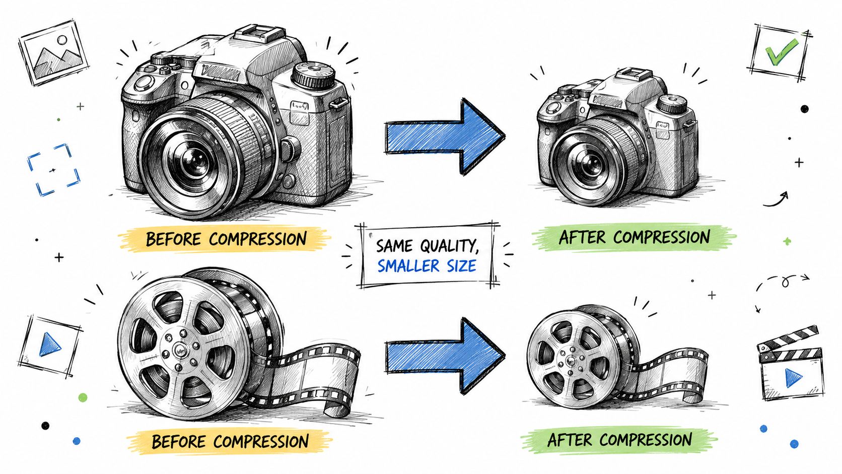 A conceptual illustration showing a camera and film reel being compressed into smaller versions with same quality.