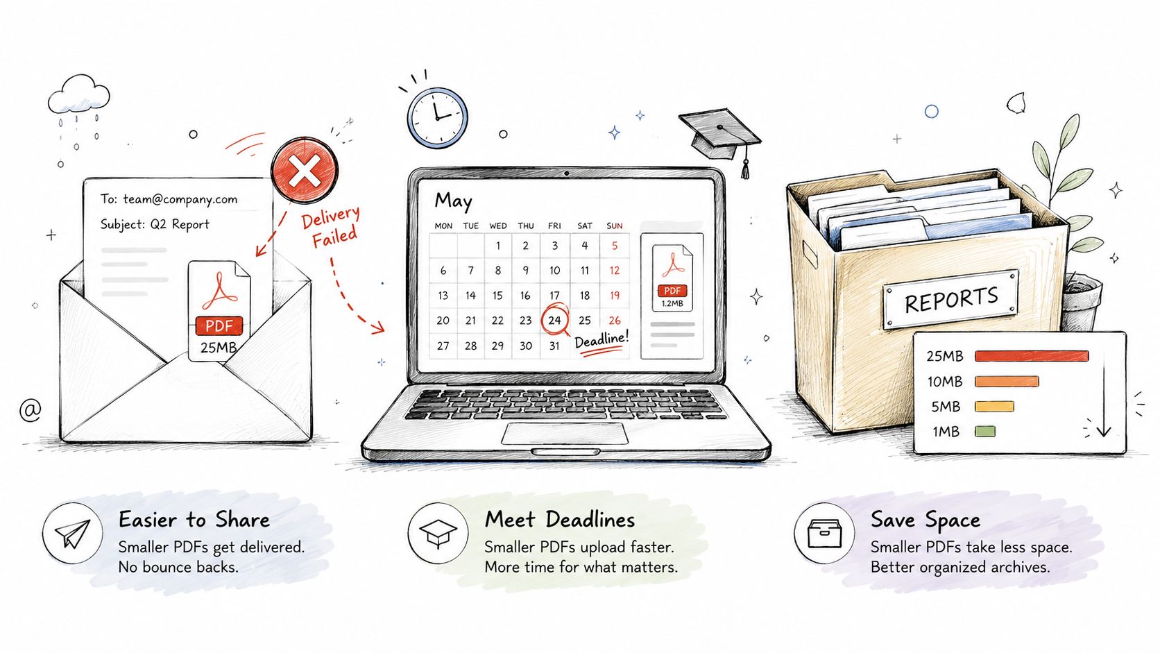An infographic illustration showing the benefits of compressing PDF files, including easier sharing, meeting deadlines, and saving storage space.