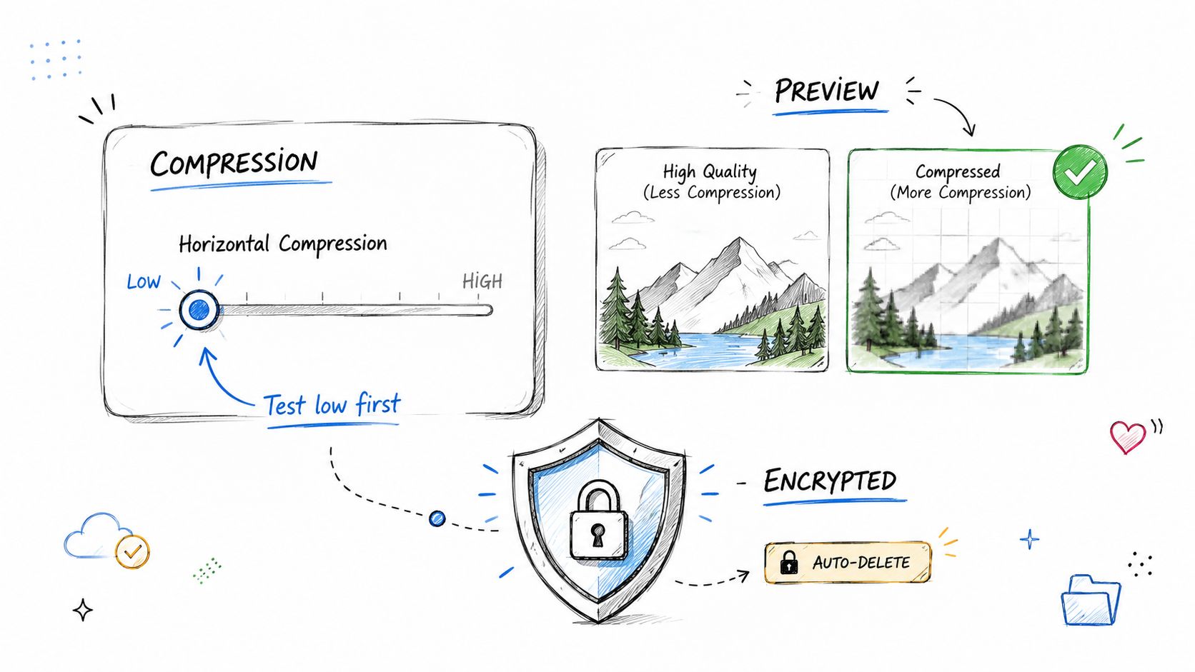 An illustrative guide showing horizontal image compression settings, a preview feature, and data encryption security options.