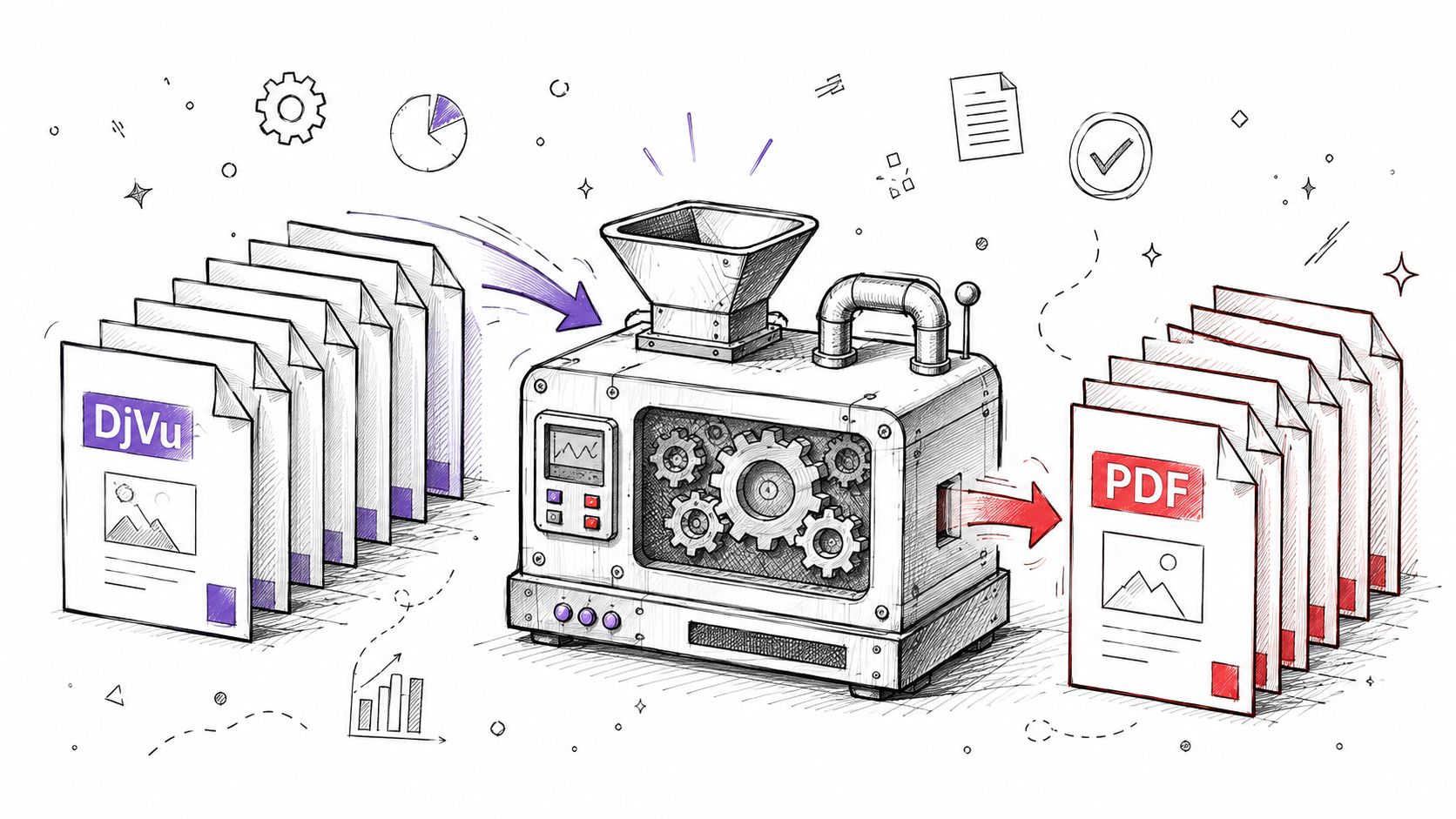 A conceptual illustration showing a machine converting a stack of DjVu documents into a stack of PDF files.