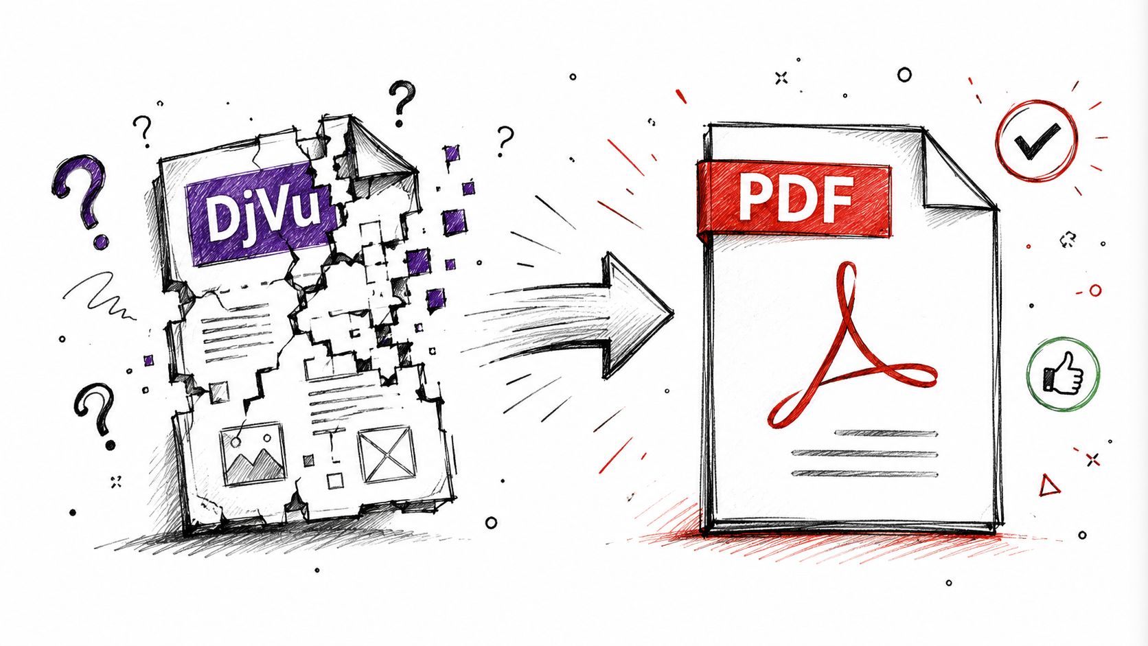 A conceptual illustration showing a crumbling DjVu document being converted into a clean, professional PDF document file.