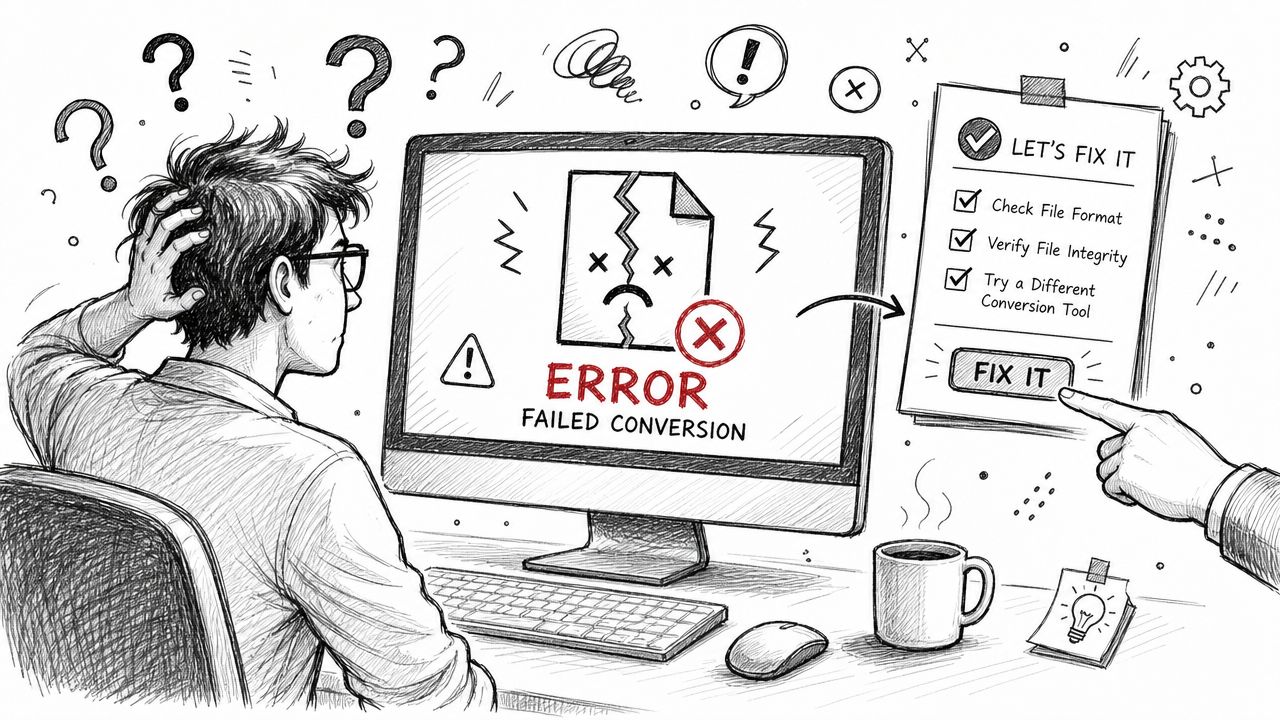 A confused person looking at a broken file icon on a computer screen indicating a failed conversion error.