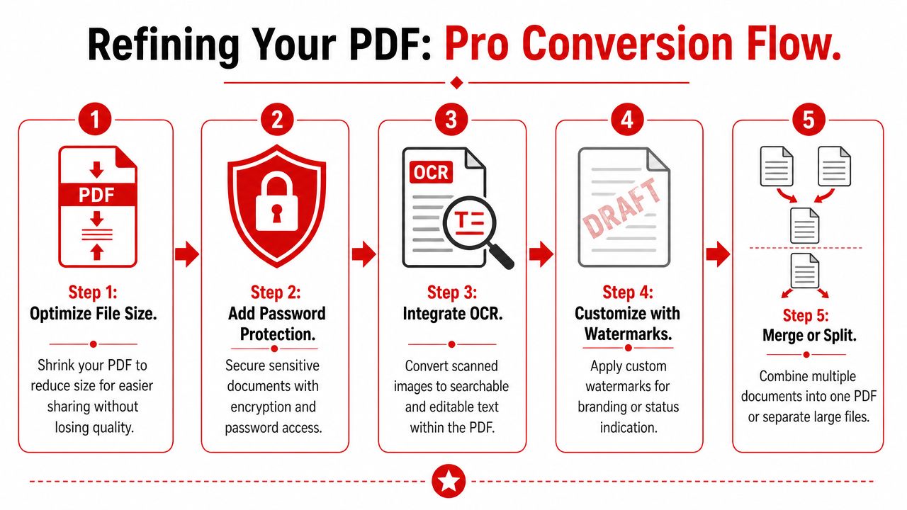 An infographic illustrating five professional steps for refining and optimizing PDF documents for better workflow management.