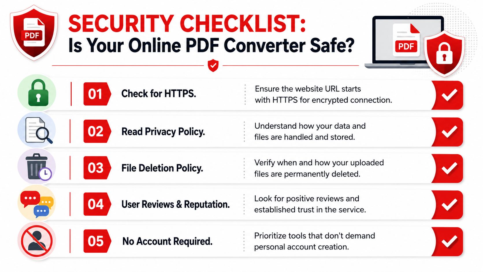 A security checklist infographic for evaluating the safety and privacy of online PDF converter services.