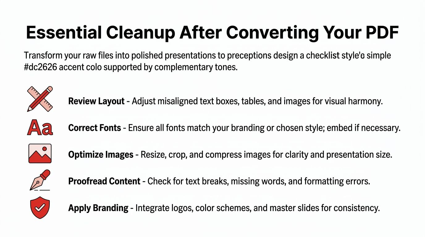 A checklist infographic detailing essential steps for cleaning up content after converting a PDF document to slides.