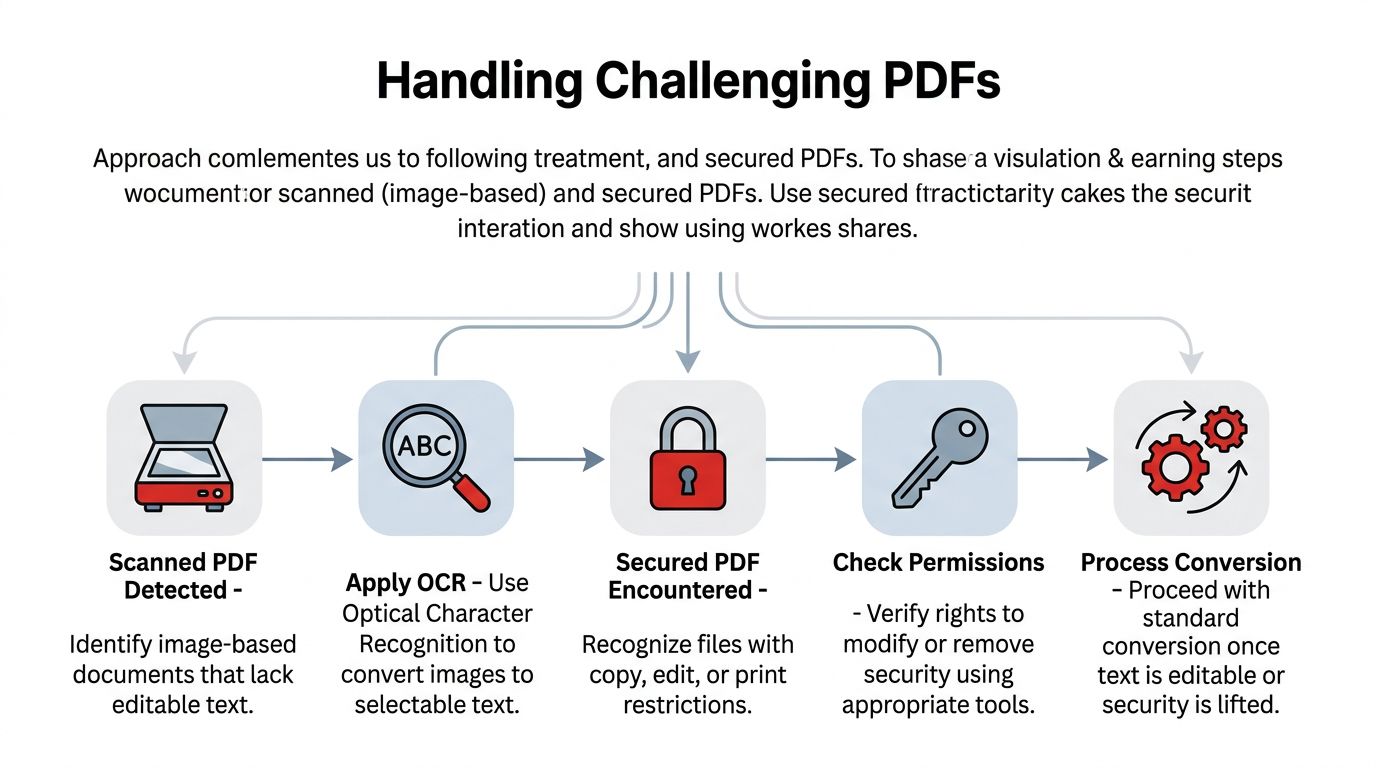 A diagram illustrating the workflow for processing scanned and secured PDF files for conversion.