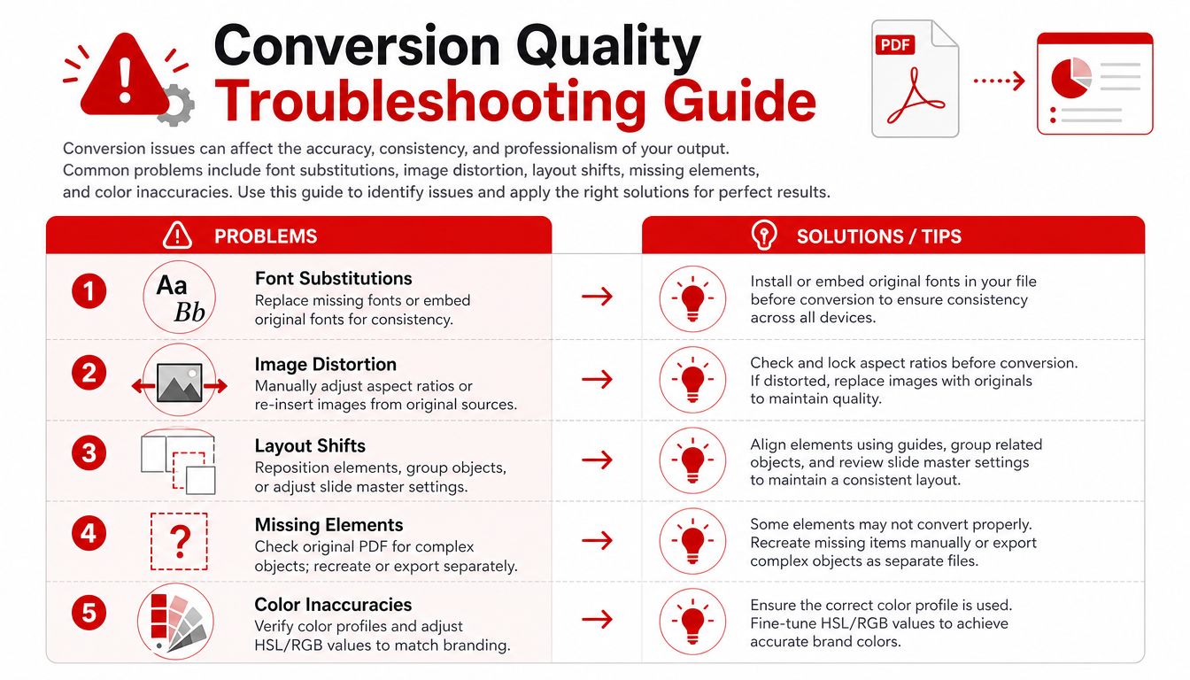 A troubleshooting guide explaining common issues and solutions when converting PDF files into PowerPoint presentation slides.