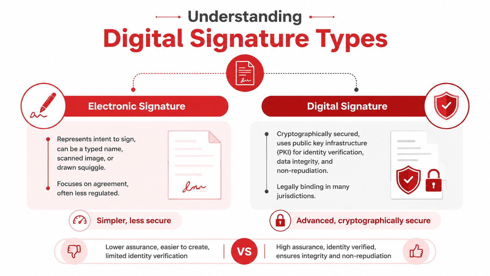 An infographic comparing electronic signatures and digital signatures, highlighting their security differences and legal implications.